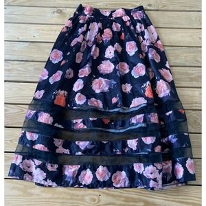 MDS Black Pink Floral Midi Skirt Size Small